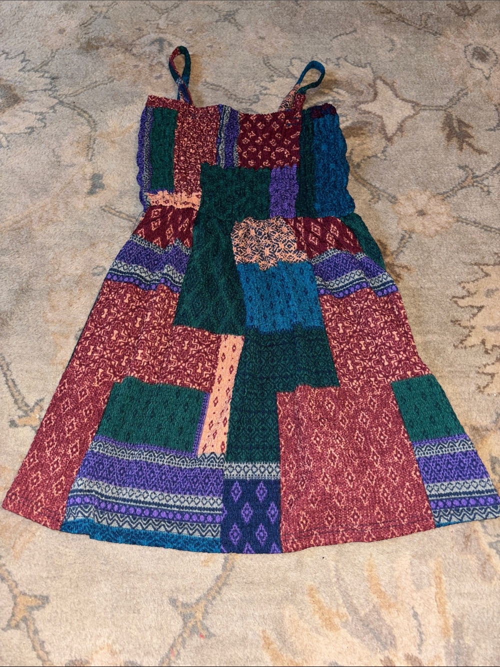 Patchwork-print Sundress in Burgundy, Teal & Purple